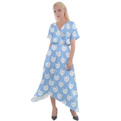 Cute Cat Faces White And Blue  Cross Front Sharkbite Hem Maxi Dress by SpinnyChairDesigns