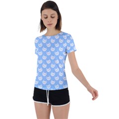 Cute Cat Faces White And Blue  Back Circle Cutout Sports Tee by SpinnyChairDesigns