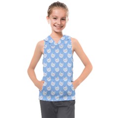 Cute Cat Faces White And Blue  Kids  Sleeveless Hoodie by SpinnyChairDesigns