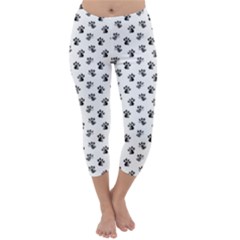 Cat Dog Animal Paw Prints Pattern Black And White Capri Winter Leggings  by SpinnyChairDesigns