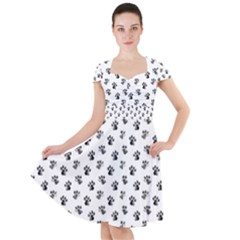 Cat Dog Animal Paw Prints Pattern Black And White Cap Sleeve Midi Dress by SpinnyChairDesigns