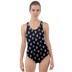 Cat Dog Animal Paw Prints Black And White Cut-out Back One Piece Swimsuit by SpinnyChairDesigns