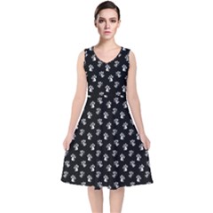 Cat Dog Animal Paw Prints Black And White V-neck Midi Sleeveless Dress  by SpinnyChairDesigns