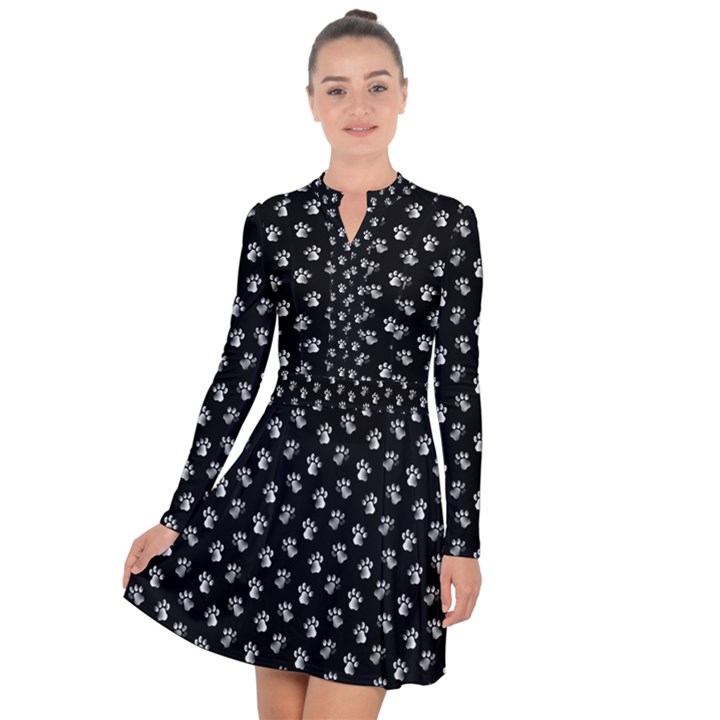 Cat Dog Animal Paw Prints Black and White Long Sleeve Panel Dress