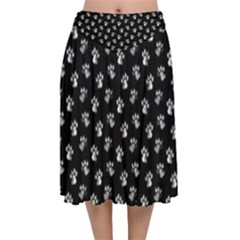 Cat Dog Animal Paw Prints Black And White Velvet Flared Midi Skirt by SpinnyChairDesigns