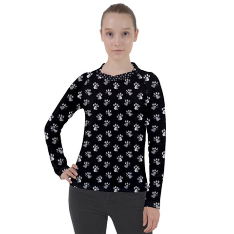 Cat Dog Animal Paw Prints Black And White Women s Pique Long Sleeve Tee by SpinnyChairDesigns