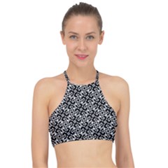 Black And White Decorative Design Pattern Racer Front Bikini Top by SpinnyChairDesigns