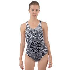 Abstract Art Black And White Floral Intricate Pattern Cut-out Back One Piece Swimsuit by SpinnyChairDesigns