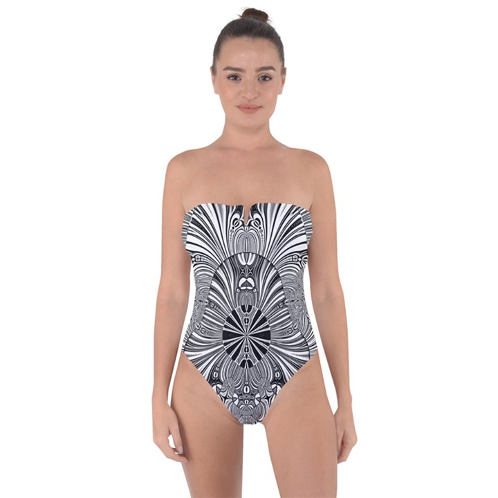 Abstract Art Black and White Floral Intricate Pattern Tie Back One Piece Swimsuit