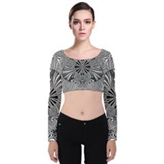 Abstract Art Black And White Floral Intricate Pattern Velvet Long Sleeve Crop Top by SpinnyChairDesigns