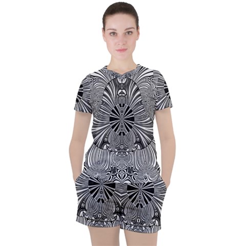 Abstract Art Black And White Floral Intricate Pattern Women s Tee And Shorts Set by SpinnyChairDesigns