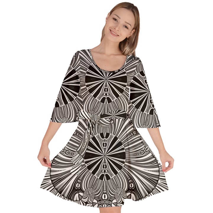 Abstract Art Black and White Floral Intricate Pattern Velour Kimono Dress