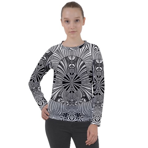 Abstract Art Black And White Floral Intricate Pattern Women s Long Sleeve Raglan Tee by SpinnyChairDesigns