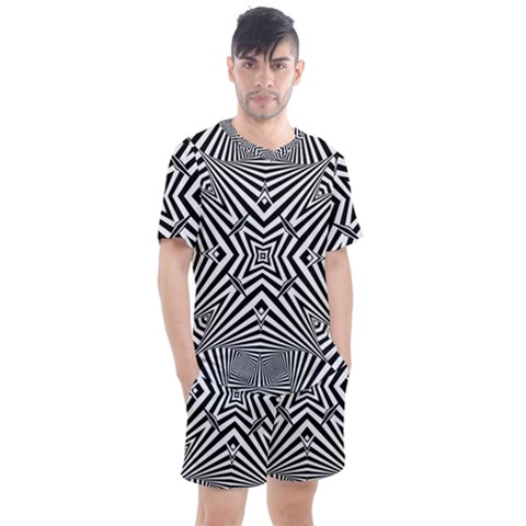 Black And White Line Art Pattern Stripes Men s Mesh Tee And Shorts Set by SpinnyChairDesigns