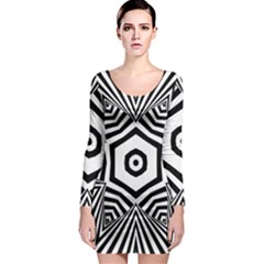 Black And White Line Art Stripes Pattern Long Sleeve Bodycon Dress by SpinnyChairDesigns