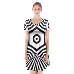 Black And White Line Art Stripes Pattern Short Sleeve V-neck Flare Dress by SpinnyChairDesigns