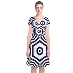 Black And White Line Art Stripes Pattern Short Sleeve Front Wrap Dress by SpinnyChairDesigns