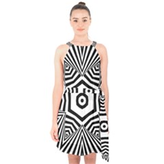 Black And White Line Art Stripes Pattern Halter Collar Waist Tie Chiffon Dress by SpinnyChairDesigns