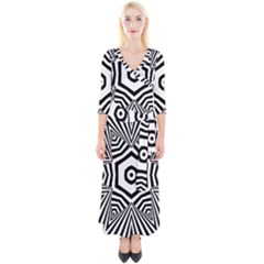 Black And White Line Art Stripes Pattern Quarter Sleeve Wrap Maxi Dress by SpinnyChairDesigns