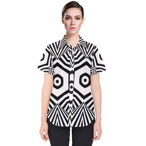 Black And White Line Art Stripes Pattern Women s Short Sleeve Shirt by SpinnyChairDesigns