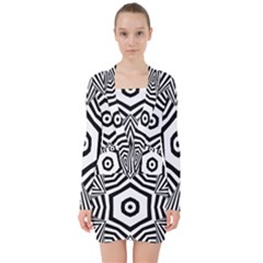 Black And White Line Art Stripes Pattern V-neck Bodycon Long Sleeve Dress by SpinnyChairDesigns