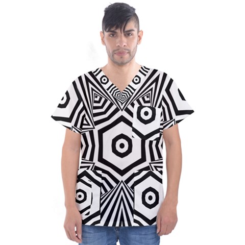 Black And White Line Art Stripes Pattern Men s V-neck Scrub Top by SpinnyChairDesigns