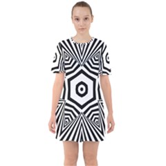 Black And White Line Art Stripes Pattern Sixties Short Sleeve Mini Dress by SpinnyChairDesigns