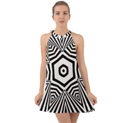 Black And White Line Art Stripes Pattern Halter Tie Back Chiffon Dress by SpinnyChairDesigns