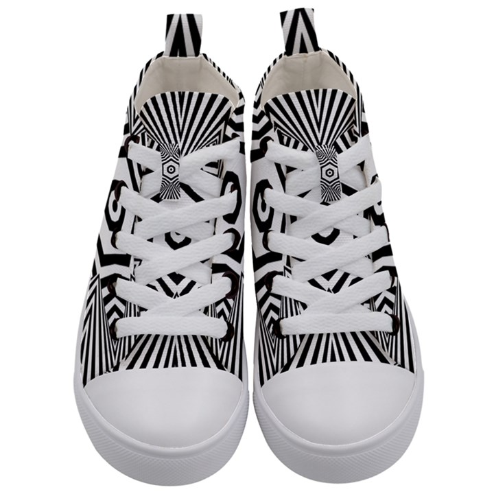 Black and White Line Art Stripes Pattern Kids  Mid-Top Canvas Sneakers