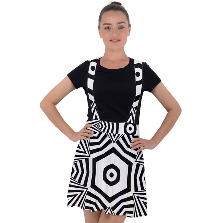 Black and White Line Art Stripes Pattern Velvet Suspender Skater Skirt