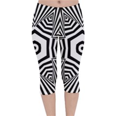 Black And White Line Art Stripes Pattern Velvet Capri Leggings  by SpinnyChairDesigns