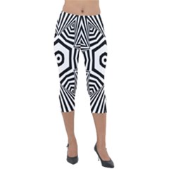 Black And White Line Art Stripes Pattern Lightweight Velour Capri Leggings  by SpinnyChairDesigns