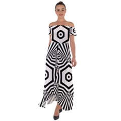 Black And White Line Art Stripes Pattern Off Shoulder Open Front Chiffon Dress by SpinnyChairDesigns