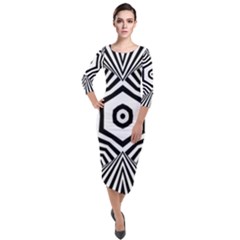 Black And White Line Art Stripes Pattern Quarter Sleeve Midi Velour Bodycon Dress by SpinnyChairDesigns