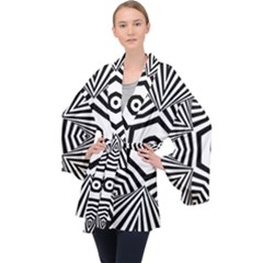 Black And White Line Art Stripes Pattern Long Sleeve Velvet Kimono  by SpinnyChairDesigns