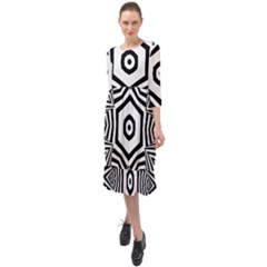 Black And White Line Art Stripes Pattern Ruffle End Midi Chiffon Dress by SpinnyChairDesigns