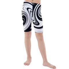 Black And White Swirl Spiral Swoosh Pattern Kids  Mid Length Swim Shorts by SpinnyChairDesigns