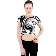 Black And White Swirl Spiral Swoosh Pattern Crew Neck Crop Top by SpinnyChairDesigns