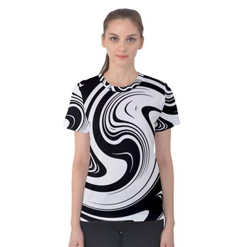 Black And White Swirl Spiral Swoosh Pattern Women s Cotton Tee by SpinnyChairDesigns