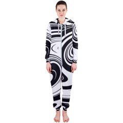 Black And White Swirl Spiral Swoosh Pattern Hooded Jumpsuit (ladies)  by SpinnyChairDesigns