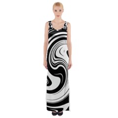 Black And White Swirl Spiral Swoosh Pattern Thigh Split Maxi Dress by SpinnyChairDesigns