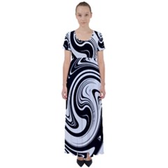 Black And White Swirl Spiral Swoosh Pattern High Waist Short Sleeve Maxi Dress by SpinnyChairDesigns