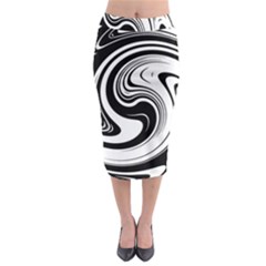 Black And White Swirl Spiral Swoosh Pattern Midi Pencil Skirt by SpinnyChairDesigns