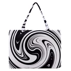 Black And White Swirl Spiral Swoosh Pattern Zipper Medium Tote Bag by SpinnyChairDesigns