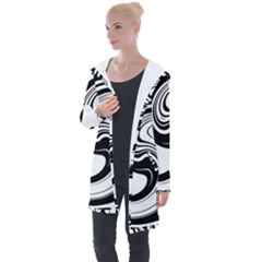 Black And White Swirl Spiral Swoosh Pattern Longline Hooded Cardigan by SpinnyChairDesigns