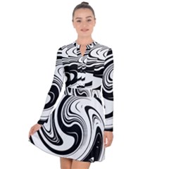 Black And White Swirl Spiral Swoosh Pattern Long Sleeve Panel Dress by SpinnyChairDesigns