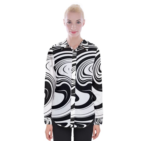 Black And White Swirl Spiral Swoosh Pattern Womens Long Sleeve Shirt by SpinnyChairDesigns