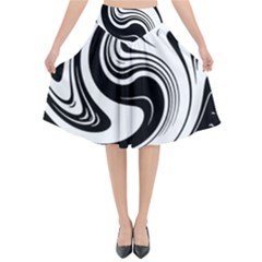 Black And White Swirl Spiral Swoosh Pattern Flared Midi Skirt by SpinnyChairDesigns