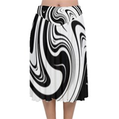 Black And White Swirl Spiral Swoosh Pattern Velvet Flared Midi Skirt by SpinnyChairDesigns