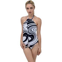 Black And White Swirl Spiral Swoosh Pattern Go With The Flow One Piece Swimsuit by SpinnyChairDesigns